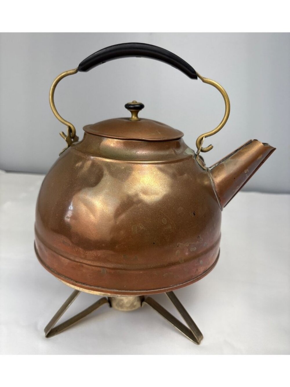Revere Ware Copper Tea Kettle Brass Stand Black Handle Rustic Charm Vtg